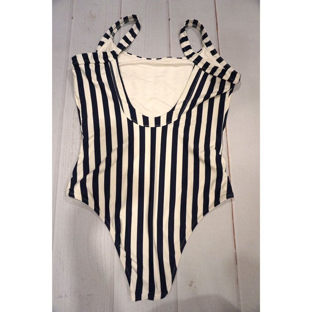 Aerie Blue & White Vertical Stripes One Piece Cheeky Bathing Suit - Size M - Picture 2 of 4